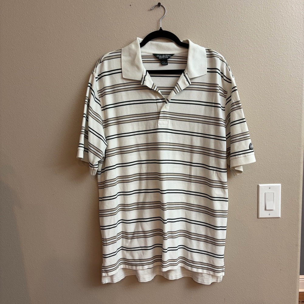 Brooks Brothers Polo Men's Large White Striped Performance Knit Cotton Preppy